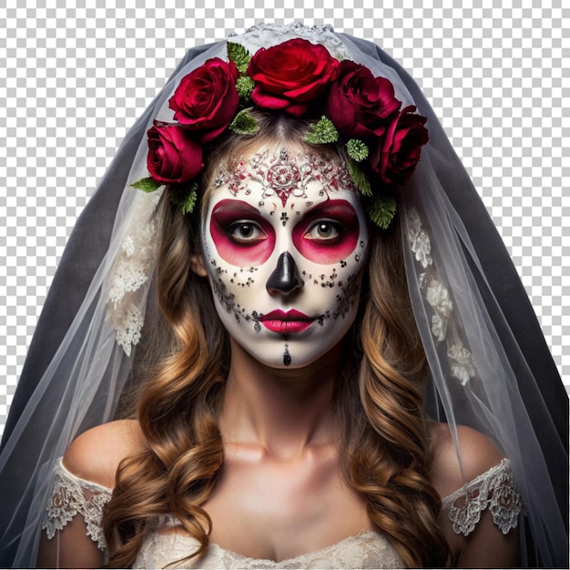 young woman bride in a dead mask skull