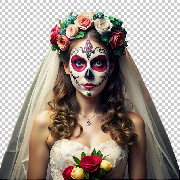 young woman bride in a dead mask skull