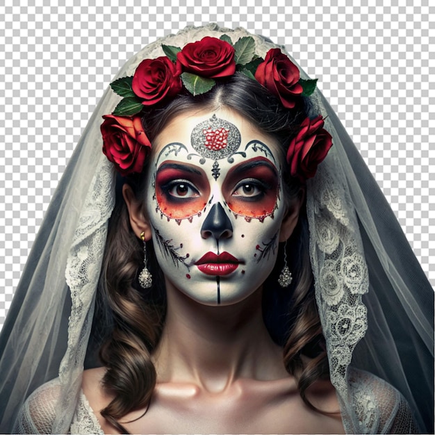 young woman bride in a dead mask skull