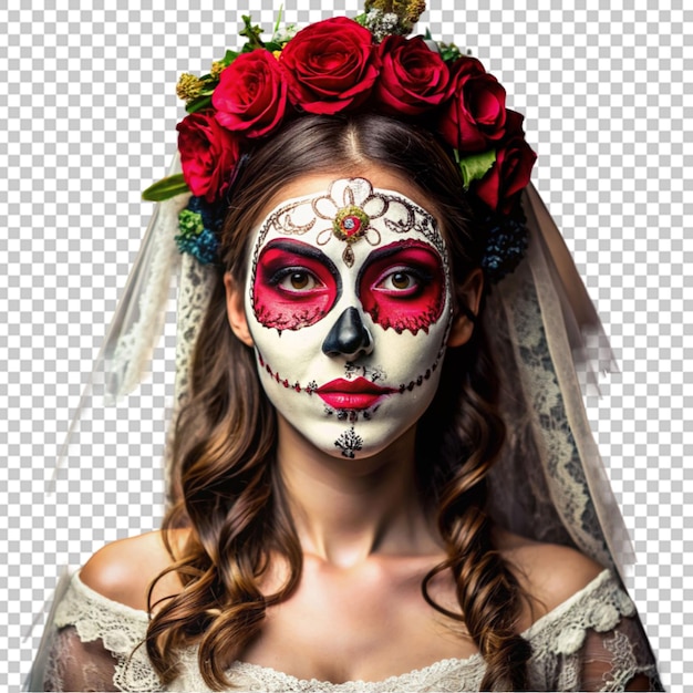 young woman bride in a dead mask skull