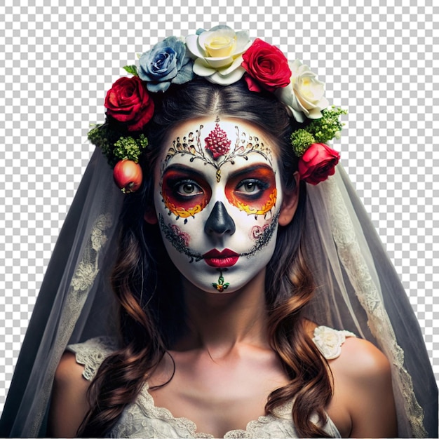 young woman bride in a dead mask skull