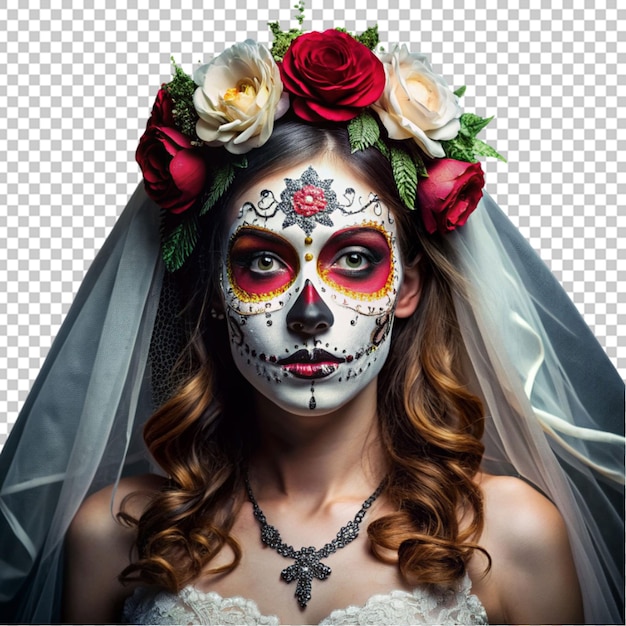 young woman bride in a dead mask skull