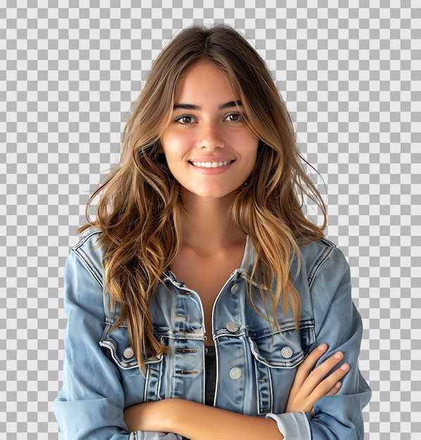 PSD young woman in denim jacket smiling looking at camera on isolated transparent background