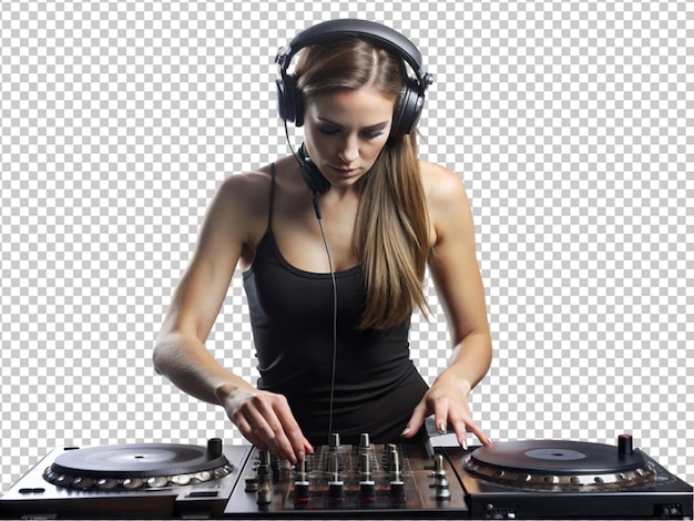 PSD a young woman dj on decks wearing a black tank top