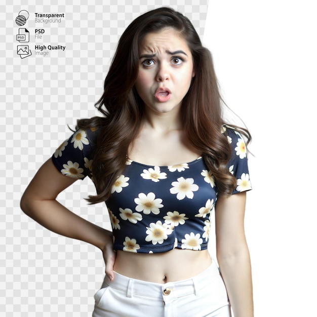 Young Woman Expressing Surprise While Wearing a Floral Crop Top