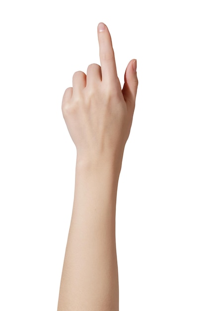 Young woman hand touch virtual screen on white background