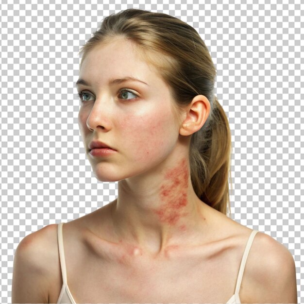 PSD young woman has skin rash itch on neck on transparent background