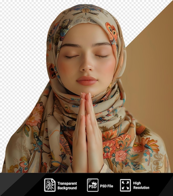 young woman in hijab pray9ing with her eyes closed wearing a floral scarf against a white wall with a pink flower in the foreground and a small nose png psd