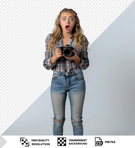 PSD young woman holding camera in shock with a transparent background