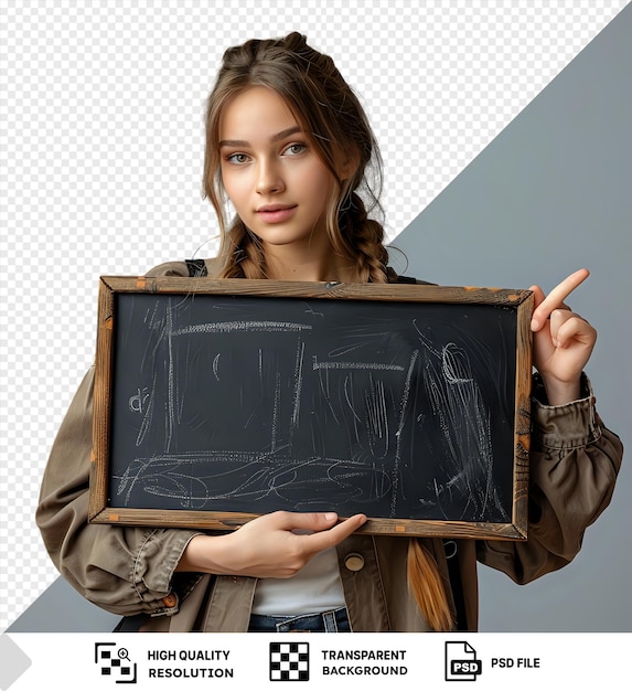 PSD young woman holding chalkboard with finger pointing right against a grey background