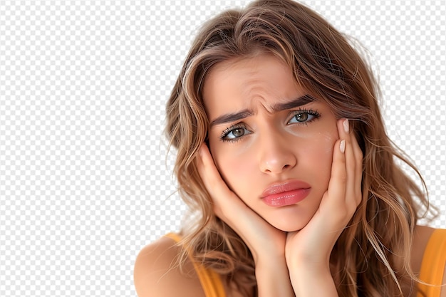 young woman holding her cheek from bad tooth ache on isolated transparent background