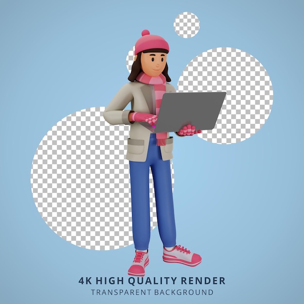 Young woman holding laptop 3d cartoon character illustration