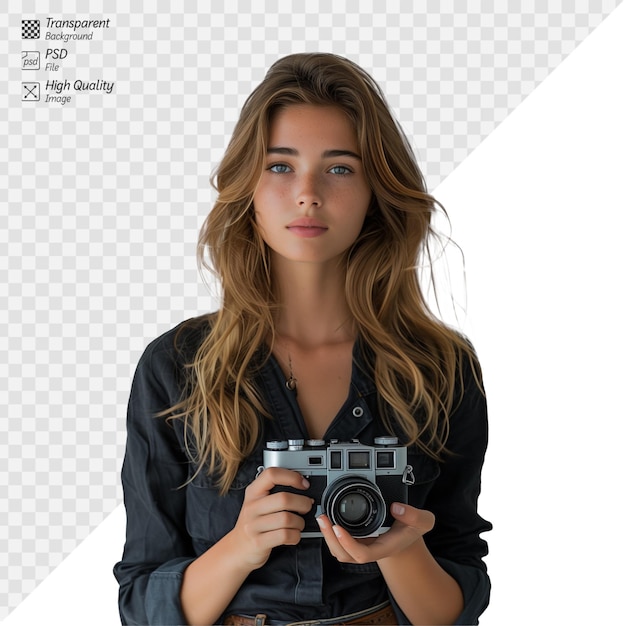 Young woman holding a vintage camera with a thoughtful expression