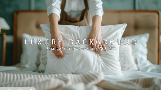 Young woman holding white pillow over bed