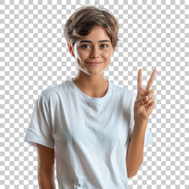 PSD a young woman is smiling and holding up her hands in a peace sign