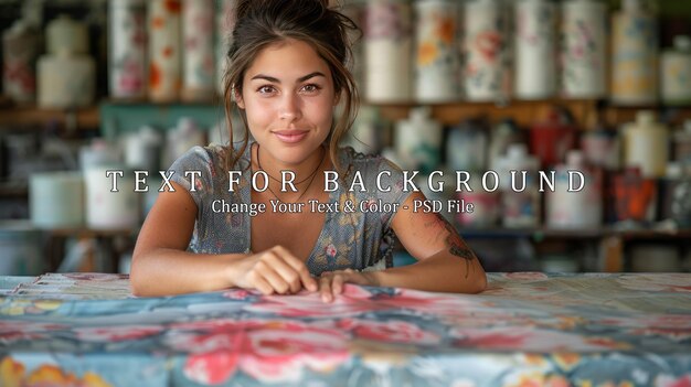 PSD young woman leaning on floral fabric table