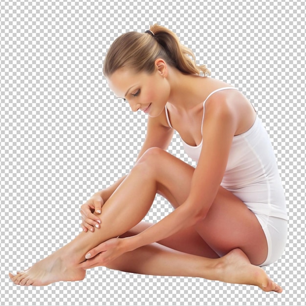 PSD young woman massaging her legs isolated on transparent background