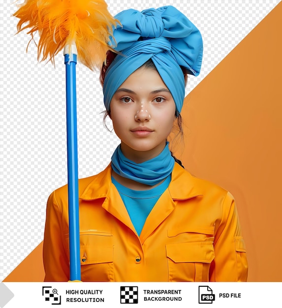 PSD young woman in orange jumpsuit with blue headscarf holding feather duster on a solid background