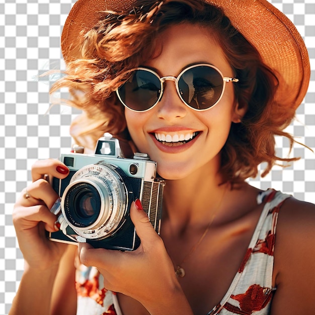 PSD young woman photographing through camera at beach