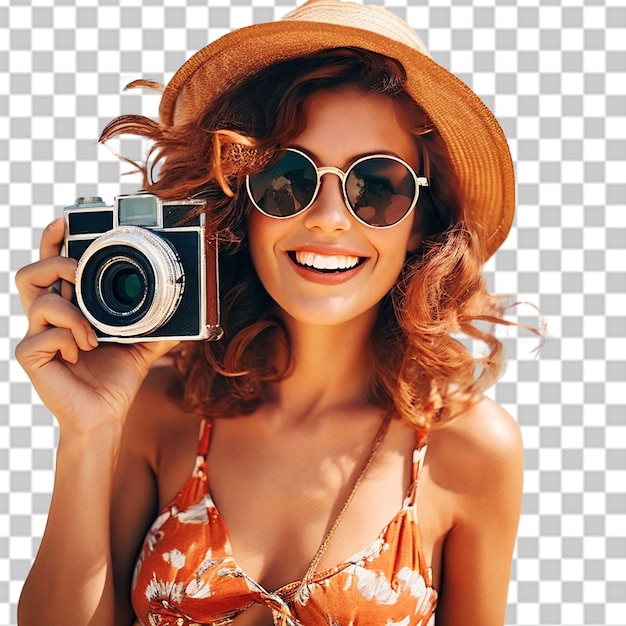 PSD young woman photographing through camera at beach