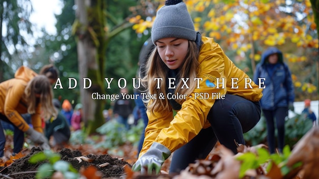 PSD young woman planting a tree in a forest