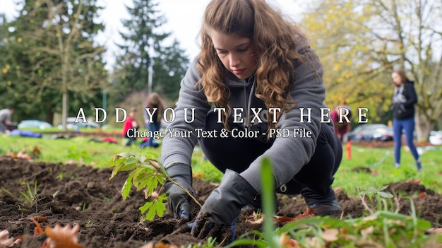 PSD young woman planting a tree in a park