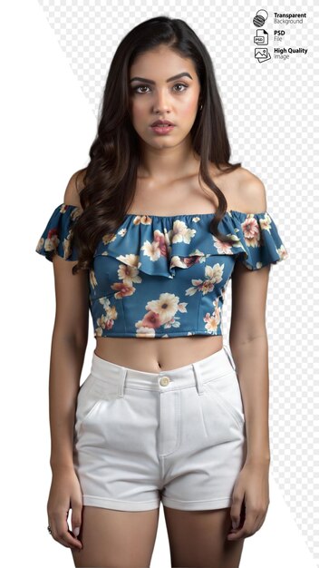 PSD young woman posing confidently in floral offshoulder top and white shorts