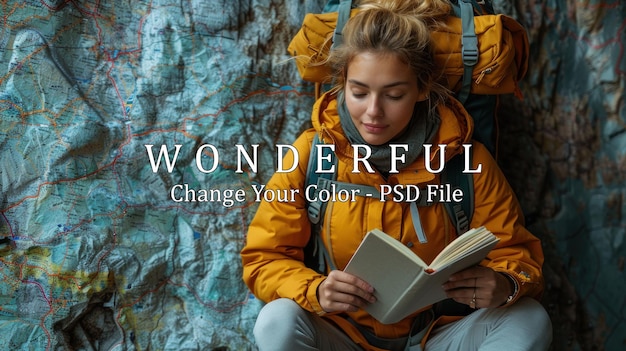 PSD young woman reading a book by a map while hiking