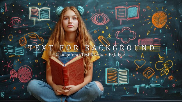 PSD young woman reading in front of a chalkboard filled with colorful drawings