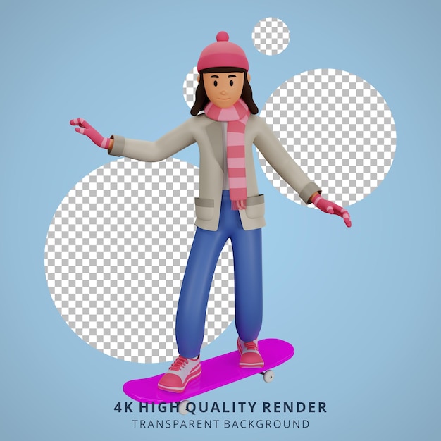 Young woman riding skateboard 3d cartoon character illustration