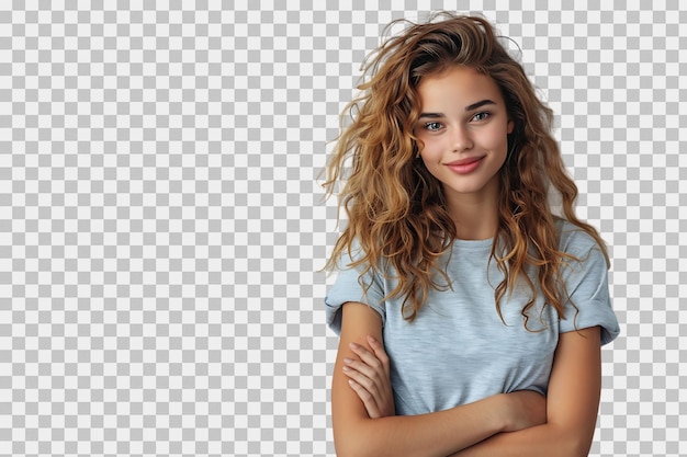 Young woman standing looking aside on isolated transparent background