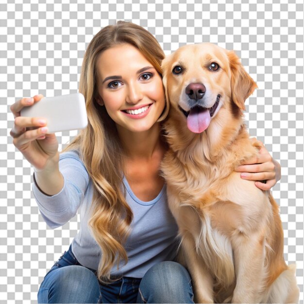 PSD young woman takes selfie with her dog on transparent background