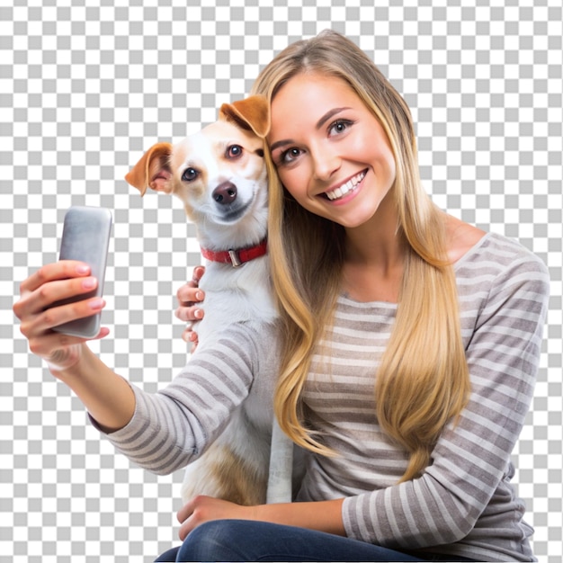 PSD young woman takes selfie with her dog on transparent background