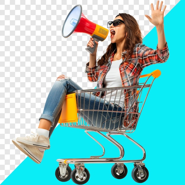 PSD young woman talking using megaphone while sitting inside shopping trolley transparent background