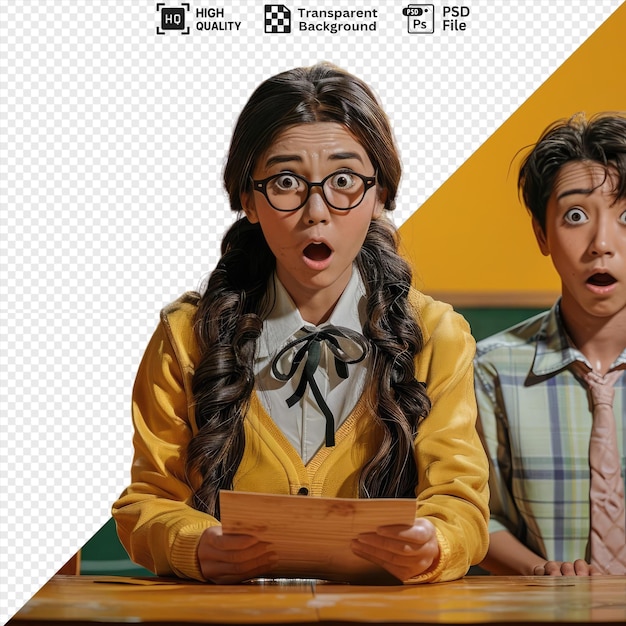 young woman teacher wearing glasses sitting school desk front of blackboard classroom checking homework of students looking surprised and confused