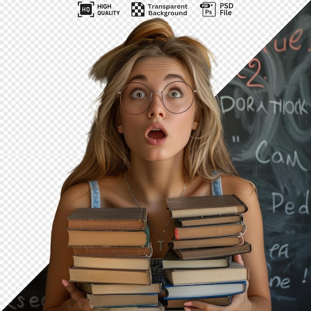 PSD young woman teacherstanding near blackboard classroom explaining lessholding stack of books looking excited and surprised png