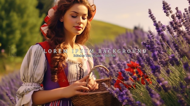 PSD young woman in traditional costume harvesting lavender from her garden