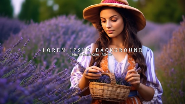 PSD young woman in traditional costume harvesting lavender from her garden