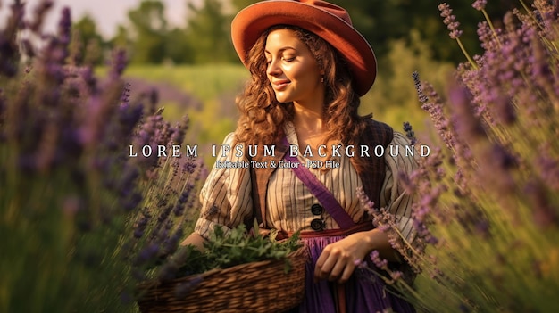 PSD young woman in traditional costume harvesting lavender from her garden