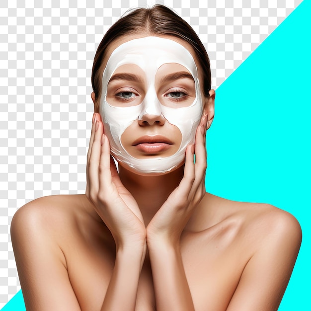 PSD young woman using facial cosmetic mask for beauty transparent background