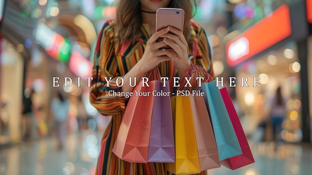 PSD young woman using a smartphone and holding shopping