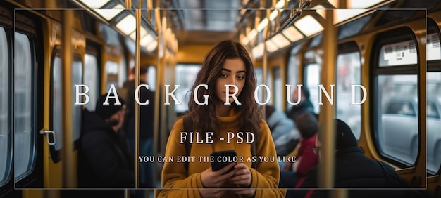 PSD young woman using smartphone on a public transit