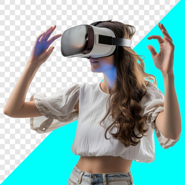 PSD young woman using vr game transparent background