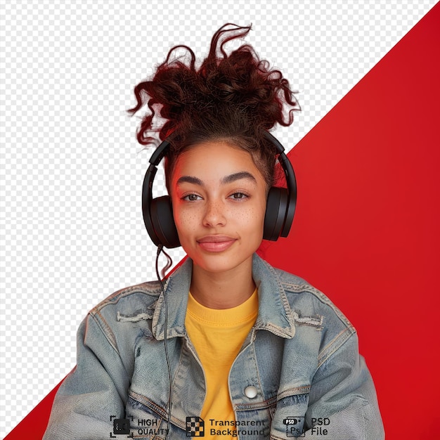 young woman using wireless headphones and looking contented in front of a red wall wearing a blue jacket yellow shirt and blue jeans with black hair and a small nose png