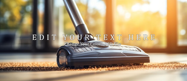 PSD young woman vacuuming carpet