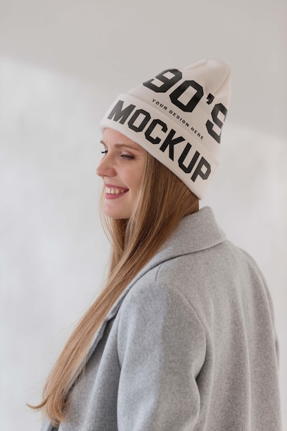 Young woman wearing beanie mockup