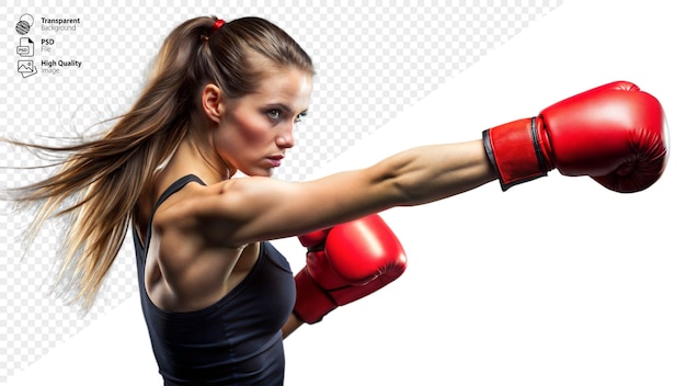 PSD young woman wearing red boxing gloves throws powerful punch