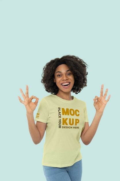 Young woman wearing t-shirt mockup