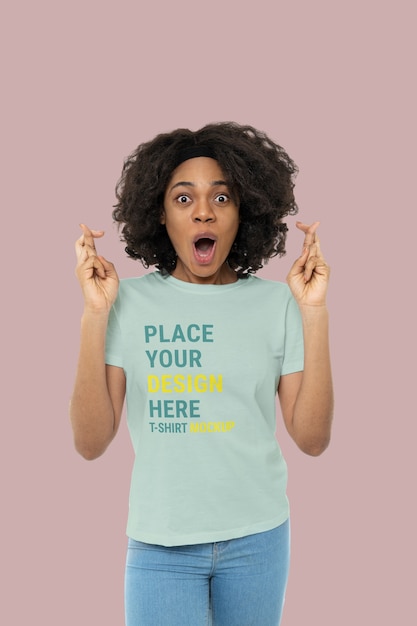 Young woman wearing t-shirt mockup