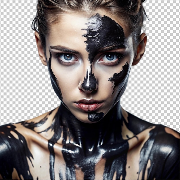 PSD young woman who is posing covered with black pain png